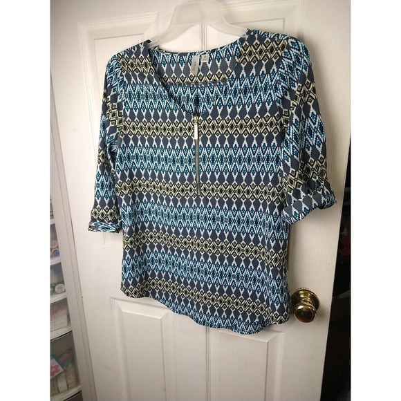 Tacera Teal Grey V Neck Zip Roll Sleeve Blouse. Size M - Picture 1 of 11